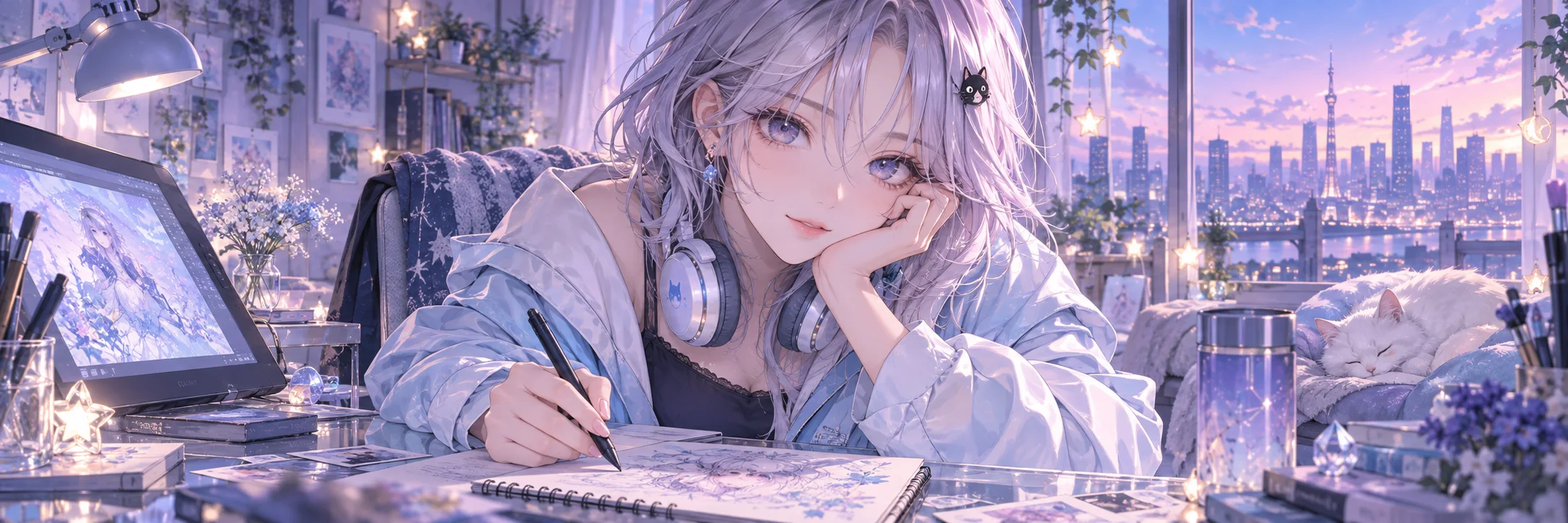 蓝紫色星光里,坐在窗边画画的少女与猫咪