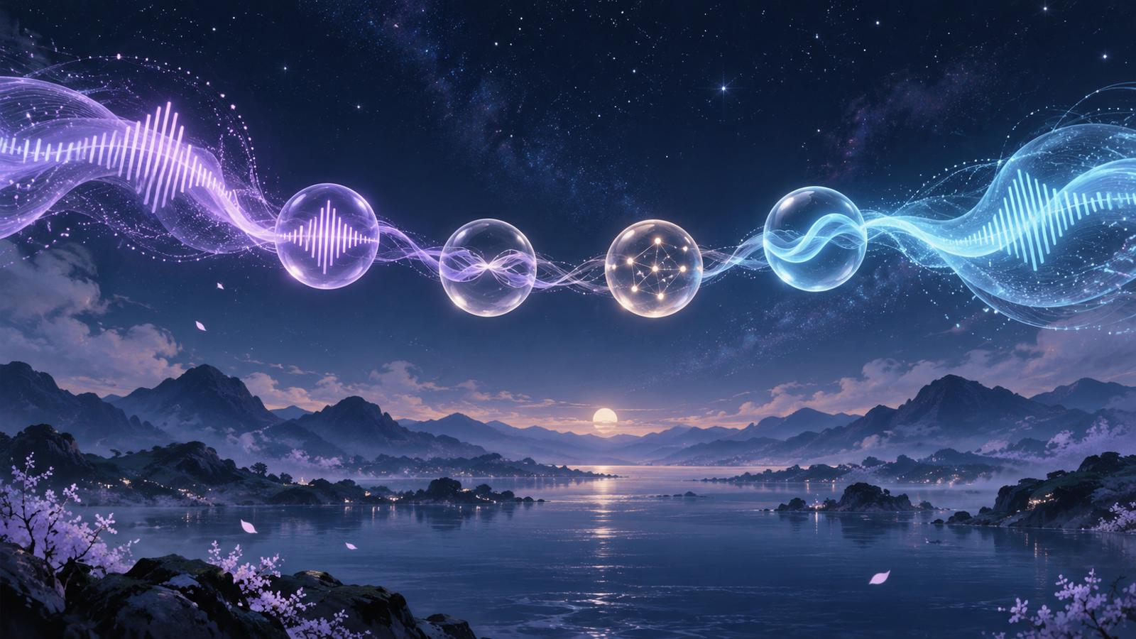 AI生成示意图：蓝紫色声波通过四个独立玻璃节点连接，悬浮在星空与湖面上，象征协同工作的语音组件。
