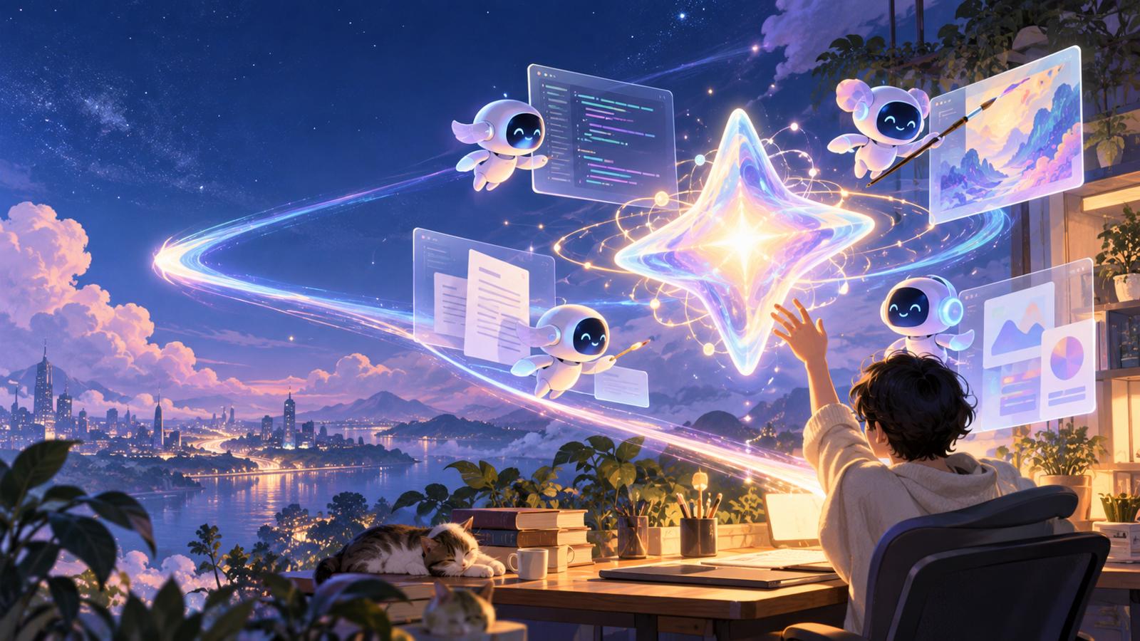 星空下的开发者工作台，发光星体与小机器人共同整理代码和文档