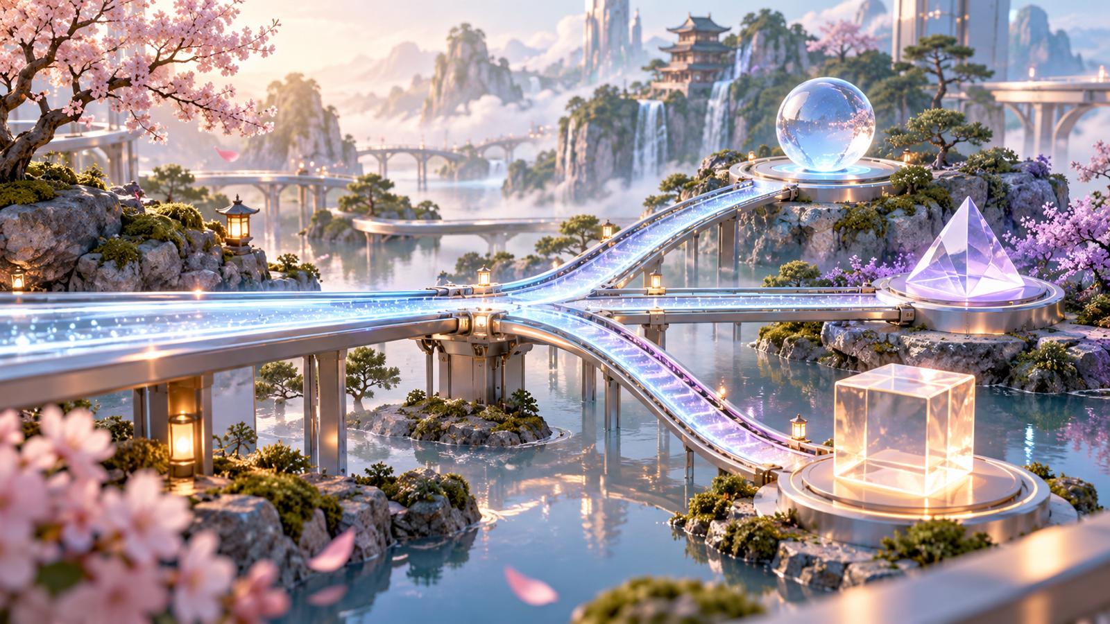 AI生成示意图：花园中的发光轨道分成三条路径，分别通往球体、棱锥和立方体，象征限定答案的分类与分流。