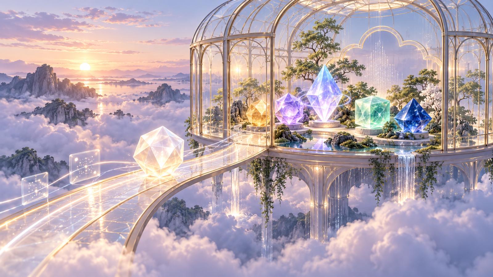 AI生成示意图：白色模型晶体沿光桥进入云端玻璃花园，与多种彩色晶体共处，象征多模型云平台。
