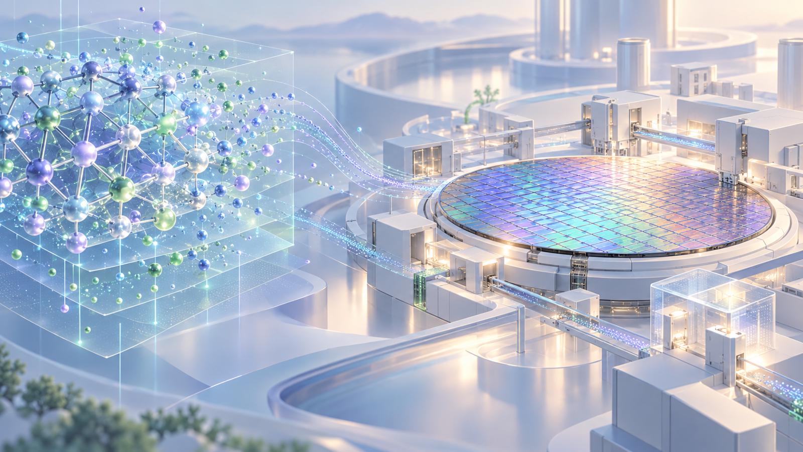AI生成示意图：发光分子晶格通过细微数据流连接晶圆与概念化芯片制造设施，呈现人工智能辅助材料物理模拟与芯片制造。
