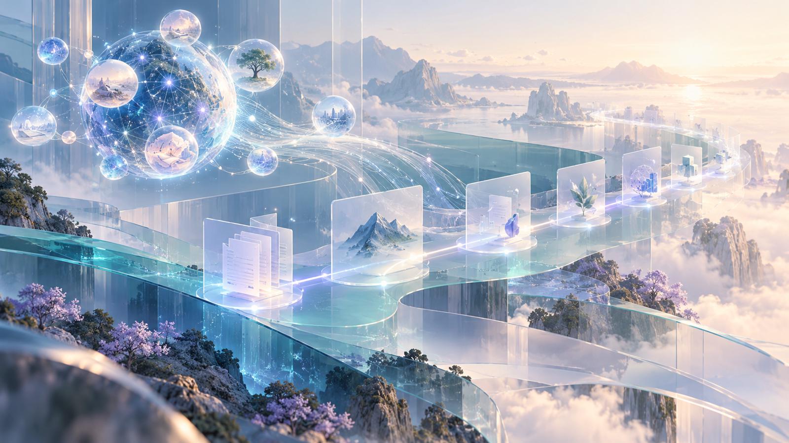 AI生成示意图：发光记忆星群连接透明工作空间与连续任务路径。